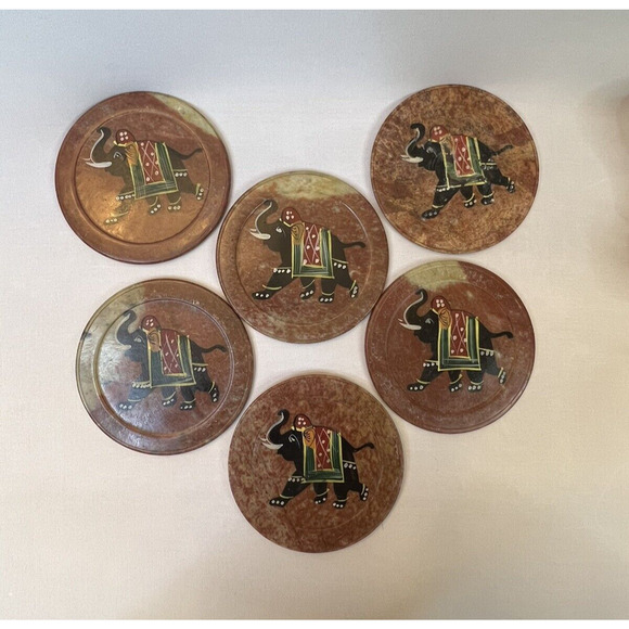 Royal Set of 6 Hand Carved Marble Bar Coaster with Hand-painted Elephant Design - Picture 4 of 7
